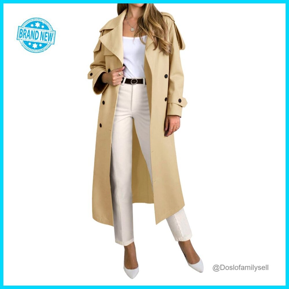 Oversized Double Breasted Trench Coat Classic Elegant Windproof Overcoat with - Picture 1 of 7